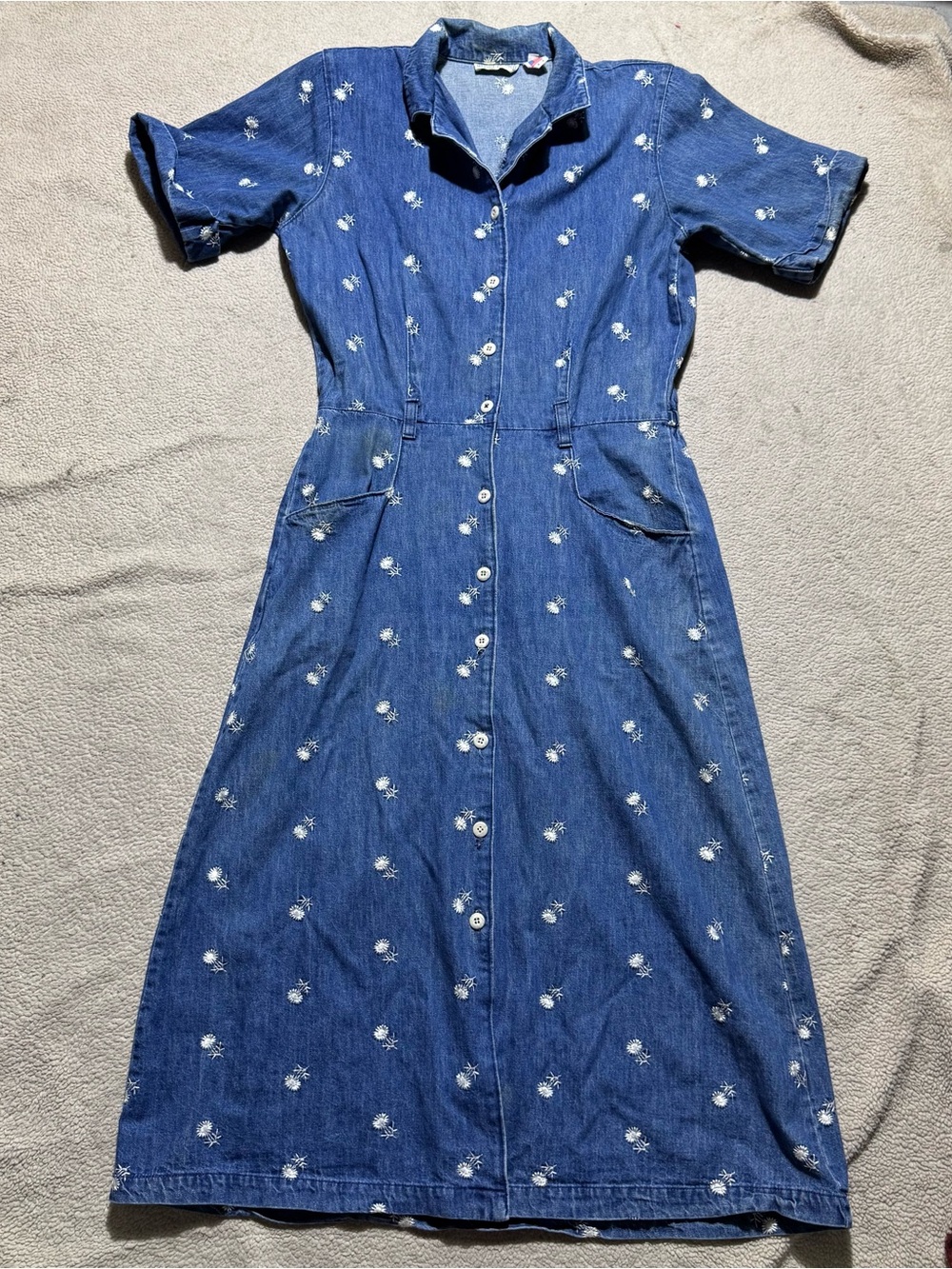 Gotcha Covered Dress Womens 10 Denim Vintage Shoulder Pads Floral Embroidery